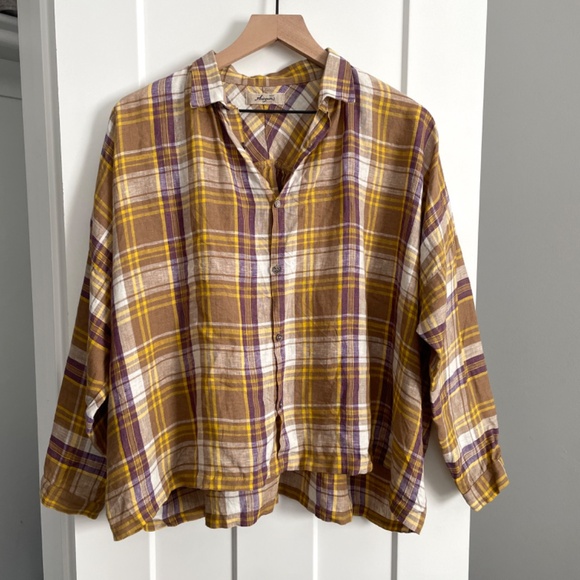 Ichi Antiquites Plaid Linen Button Front Shirt - Picture 1 of 9